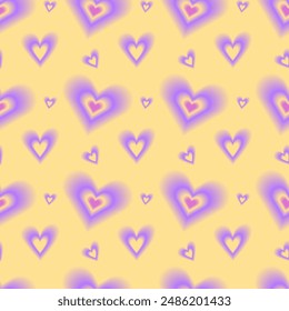 Seamless pattern y2k aura. Blurred heart, butterfly and stars with aura in trendy style y2k on yellow background