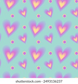 Seamless pattern y2k aura. Blurred heart, butterfly and stars with aura in trendy style y2k on green background