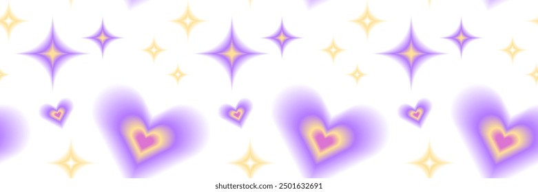 Seamless pattern y2k aura. Blurred heart, butterfly and stars with aura in trendy style y2k