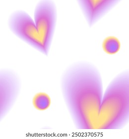 Seamless pattern y2k aura. Blurred heart, butterfly and stars with aura in trendy style y2k on white background