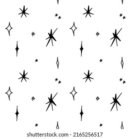 Seamless pattern with y2k bling and stars or sparkles. Doodle minimalistic geometric elements isolated on white background