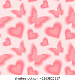 Seamless pattern and y2k blurred gradient butterflies   hearts  Pastel color background 