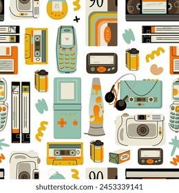 Seamless pattern of y2k gadgets. Elements from the 90s in a modern style. Vector illustration isolated on transparent background.