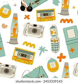 Seamless pattern of y2k gadgets. Elements from the 90s in a modern style. Vector illustration isolated on transparent background.