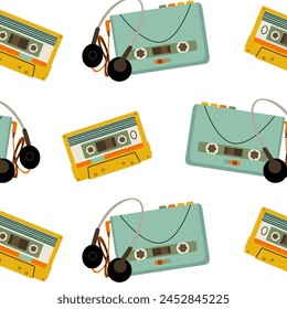 Seamless pattern of y2k gadgets. Music cassette and cassette player with headphones from the 90s in a modern flat style. Vector illustration isolated on transparent background.