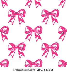Seamless pattern in Y2K pixel style. Cute pink bows. Perfect for fashion, wrapping paper, wallpaper, digital prints, retro-futuristic design.
