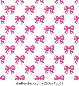 Seamless pattern in Y2K pixel style. Cute pink bows. Perfect for fashion, wrapping paper, wallpaper, digital prints, retro-futuristic design.