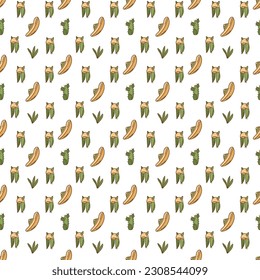 Seamless pattern in y2k style with cacti and hats. Cartoon flat color vector illustration.