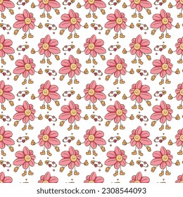Seamless pattern in y2k style with chamomile character and safety pin. Cartoon flat color vector illustration.