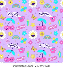 Seamless pattern with y2k style elements. Acidic vivid neon colors. Bright youth pattern with 90s symbols. Cherry, smiling daisy, rainbow, butterfly flowers. Vector illustration on lilac background