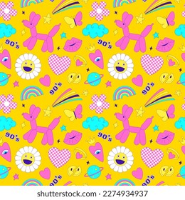 Seamless pattern with y2k style elements. Acidic vivid neon colors. Bright youth pattern with 90 s characters. Inflatable dog balloon, daisy, rainbow, kiss. Vector illustration on yellow background