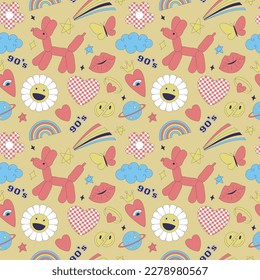 Seamless pattern with y2k style elements. Acidic vivid neon colors. Bright youth pattern with 90 s characters. Inflatable dog balloon, daisy, rainbow, kiss. Vector illustration on yellow background