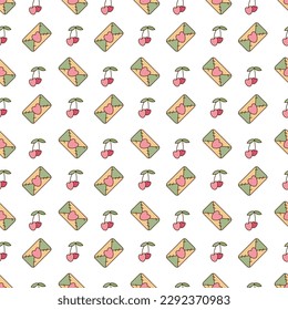 Seamless pattern in y2k style with letter and cherry. Cartoon flat color vector illustration. 
