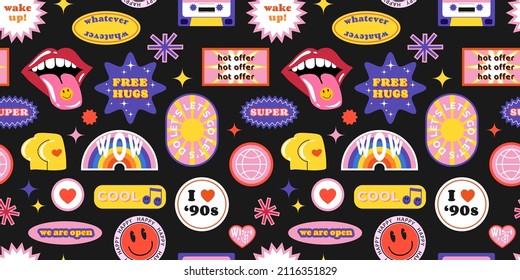 Seamless pattern with y2k trendy retro stickers with smile faces, cartoon comic label patches. Funky, hipster retrowave background. Vector illustration, 90s graphic design badges backdrop.