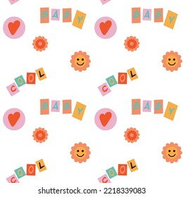Seamless pattern with y2k trendy retro stickers with smile faces, cartoon comic label patches. Funky, hipster retrowave background. Vector illustration, 90s graphic design badges backdrop. Vector