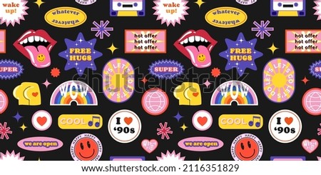 Seamless pattern with y2k trendy retro stickers with smile faces, cartoon comic label patches. Funky, hipster retrowave background. Vector illustration, 90s graphic design badges backdrop.