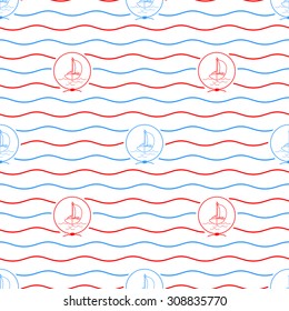Seamless Pattern with Yacht  Emblem, Blue and Red Sailboat  on a Background of Red and Blue Waves, Seamless Pattern with Marine Element for Web Design or  Wallpaper or Fabric, Vector Illustration