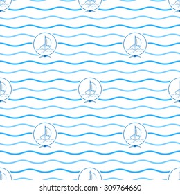 Seamless Pattern with Yacht  Emblem, Blue  Sailboat   in the Middle of a Rope  on a Background of  Blue Waves, Seamless Pattern with Marine Element for Web Design or Wallpaper or Fabric, Vector 