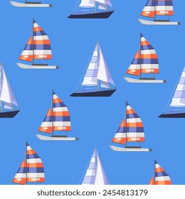 Seamless pattern of a yacht with multi-colored sails on a blue background. Vector pattern of marine transport for textiles, summer designs.