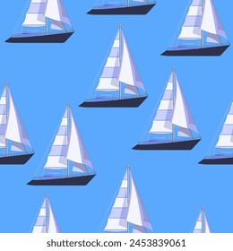 Seamless pattern yacht with sails on a blue background. Vector pattern of marine transport for textiles, travel backgrounds, wallpapers.