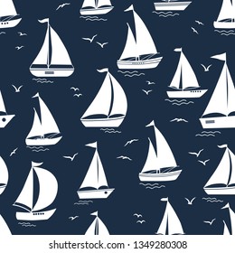 Seamless Pattern With Yacht Silhouette On Waves And Birds On Blue Background