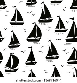 Seamless pattern with yacht silhouette on waves on white background