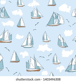 Seamless pattern with yachts, seagulls and clouds. Flat style repeat background, great for packaging, fabrics, prints and postcards, greeting cards, home decor, wallpaper, apparel design and more.