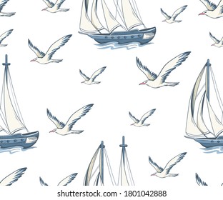 Seamless pattern with yachts and seagulls. Nautical pattern