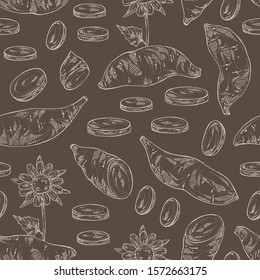 Seamless pattern with yacon: full yacon and piece of yacon. Vector hand drawn illustration