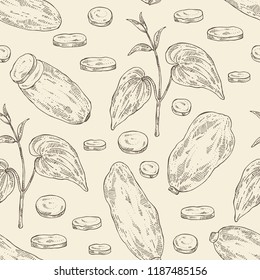 Seamless pattern with yams: tuber of yams, leaves and slice. Vector hand drawn illustration.