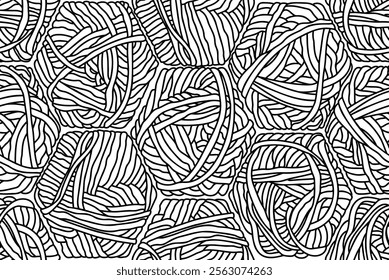 Seamless pattern with yarn balls - hand drawn black and white vector illustration.