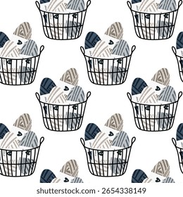 Seamless pattern of yarn balls, knitting needles, skeins, storage baskets, and cozy handmade elements. Flat hand-drawn vector style with soft colors. Perfect for knitting, handcraft, hobby, DIY