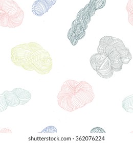 Seamless pattern - yarn balls and skeins of yarn in pastel colors doodle hand drawn vector