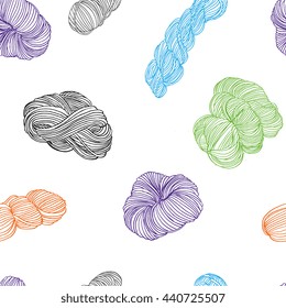Seamless pattern - yarn balls and skeins of yarn in pastel colors hand drawn vector illustration. Sketch doodle style knitting elements on white background. For textile, paper, web design.
