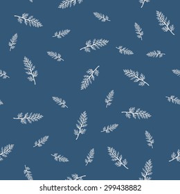 Seamless pattern with yarrow leaves. Blue and gray color. Botany. Hand drawn. Vector illustration.