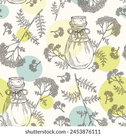 Seamless pattern with yarrow: leaves and yarrow flowers and bottle of yarrow essential oil. Achillea millefolium. Cosmetic, perfumery and medical plant. Vector hand drawn illustration