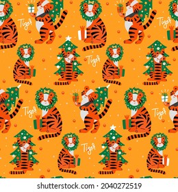 Seamless pattern for year of the tiger 2022. Pattern in hand draw flat style. Tiger with Christmas tree and gifts. Flat vector illustration.
