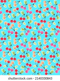 Seamless pattern with yeliow red and pink cherries on blue background. Cute baby print design with juicy berries.
Vector illustration.