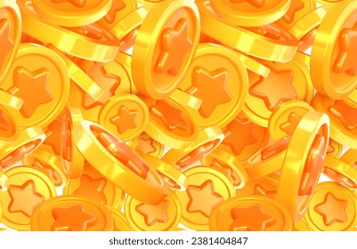 Seamless pattern of yellow 3D coins. Coins with a star. Cash. Vector illustration