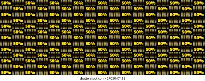 Modelo inconsútil del texto amarillo del descuento del 50 por ciento en un fondo negro, ideal para las promociones de la venta y los materiales de la comercialización.
