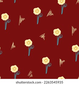 Seamless pattern with yellow abstract flower on viva magenta background. Botanical illustration for cover design,home decor,invitation card, spring texture for textile and fabric design.