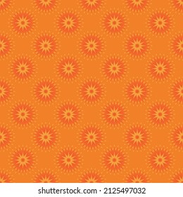 Nahtloses Muster mit gelben abstrakten Blumen auf orangefarbenem Hintergrund für Verpackungen, Stoffe, Hintergründe und andere Erzeugnisse.