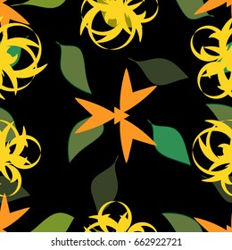 Seamless pattern yellow abstract flowers floral ornament leaves on a black background