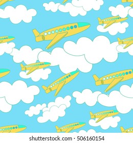 seamless pattern with yellow airplane and clouds on sky background vector illustration