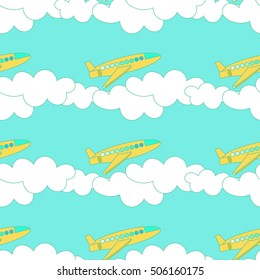 seamless pattern with yellow airplane and clouds against the sky vector illustration