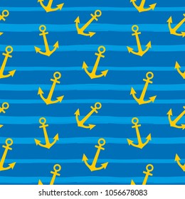 Seamless pattern with yellow anchors. Striped background with vector anchors. Marine background. Blue vector background. Sample for fabric.