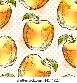 Seamless pattern with yellow apple. Painted in watercolor style