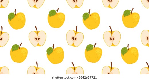 Seamless pattern with yellow apples. Apple set of whole yellow apple, half an apple and a slice of apple. Hand drawn flat vector illustration on white background.