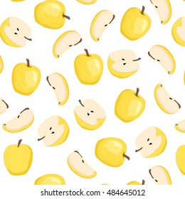 Seamless pattern of yellow apples. Apple background. Set of whole yellow apple, half an apple and a slice of apple. Hand drawing. Vector illustration. White background.