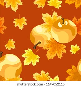 Seamless pattern of yellow apples decorated with autumn maple leaves on a orange background. Vector illustration.